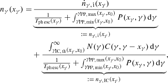 $$ \begin{aligned} \begin{aligned} n_\gamma (x_\gamma ) =&\underbrace{\frac{\dot{n}_{\gamma ,\,\mathrm{i}}(x_\gamma )}{\frac{1}{T_{\mathrm{ph\,esc}}(x_\gamma )} + \int ^{\gamma _{\rm PP,\,max }(x_\gamma ,x_0)}_{\gamma _{\rm PP,\,min }(x_\gamma ,x_0)} P(x_\gamma ,\gamma ) \, \mathrm{d}\gamma }}_{:= \;n_{\gamma ,\,\mathrm{i}}(x_\gamma )} \\&+ \underbrace{\frac{\int _{\gamma _{\rm IC,\,th }(x_\gamma ,x_0)}^{\infty } N(\gamma ) C(\gamma ,\gamma -x_\gamma )\,\mathrm{d}\gamma }{\frac{1}{T_{\mathrm{ph\,esc}}(x_\gamma )} + \int ^{\gamma _{\rm PP,\,max }(x_\gamma ,x_0)}_{\gamma _{\rm PP,\,min }(x_\gamma ,x_0)} P(x_\gamma ,\gamma ) \, \mathrm{d}\gamma }}_{:= \; n_{\gamma ,\,\mathrm{IC}}(x_\gamma )}, \end{aligned} \end{aligned} $$