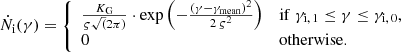 $$ \begin{aligned} \dot{N}_{\rm i}(\gamma ) = \left\{ \begin{array}{ll} \frac{K_{\mathrm{G}}}{\varsigma \sqrt{(}2 \pi )} \cdot \exp \left( -\frac{(\gamma -\gamma _{\mathrm{mean} })^2}{2 \, \varsigma ^2} \right)&\mathrm{if} \; \gamma _{{\mathrm{i} },\,1} \le \gamma \le \gamma _{{\mathrm{i} },\,0}, \\ 0&\mathrm{otherwise}. \end{array} \right. \end{aligned} $$