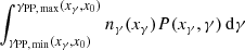 $ \int ^{\gamma_{{\rm PP,\,max}}(x_\gamma,x_0)}_{\gamma_{{\rm PP,\,min}}(x_\gamma,x_0)} n_\gamma(x_\gamma) P(x_\gamma,\gamma) \, {\rm d}\gamma $