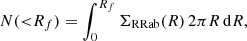 $$ \begin{aligned} N({<}R_f) = \int _{0}^{R_f} \Sigma _{\rm RRab}(R)\,2 \pi R\, \mathrm{d}R, \end{aligned} $$
