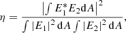 $$ \begin{aligned} \eta =\frac{\left| \int E^*_1 E_2 \mathrm{d}A \right|^2}{\int \left| E_1 \right|^2 \mathrm{d}A\int \left| E_2 \right|^2 \mathrm{d}A}, \end{aligned} $$