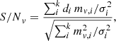 $$ \begin{aligned} {S/N}_{ v} = \frac{\sum _{i}^{k}d_i\,m_{{ v},i} / \sigma _i^2}{\sqrt{\sum _{i}^{k} m_{{ v},i}^2 / \sigma _i^2}}, \end{aligned} $$