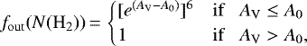 \begin{equation*} f_{\mathrm{out}}(N({\mathrm{H_2}}))\,{=}\,\begin{cases} [e^{(A_{\mathrm{V}}-A_0)}]^6 & {\mathrm{if}}~~~A_{\mathrm{V}} \le A_0 \\ 1 & {\mathrm{if}}~~~A_{\mathrm{V}} > A_0, \end{cases} \end{equation*}