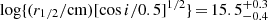 $ \log\{(r_{1/2}/\mathrm{cm})[\cos i/0.5]^{1/2}\}\,{=}\,15.5^{+0.3}_{-0.4} $