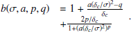 $$ \begin{aligned} \begin{array}{@ll} b(\sigma , a, p, q)&= 1 + \frac{a(\delta _c/\sigma )^2 - q}{\delta _c} \\&+ \frac{2p/\delta _c}{1 + (a(\delta _c/\sigma )^2)^p} \end{array}. \end{aligned} $$