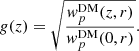 $$ \begin{aligned} g(z) = \sqrt{\frac{{ w}_p^\mathrm{DM}(z, r)}{{ w}_p^\mathrm{DM}(0, r)}}. \end{aligned} $$