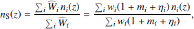 $$ \begin{aligned} n_{\rm S}(z) = \frac{\sum _{i} \widehat{W}_i \, n_i(z)}{\sum _{i} \widehat{W}_i} = \frac{\sum _{i} { w}_i (1+m_i + \eta _i) \, n_i(z)}{\sum _{i} { w}_i(1+m_i + \eta _i)}, \end{aligned} $$