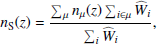 $$ \begin{aligned} n_{\rm S}(z) = \frac{\sum _{\mu } n_\mu (z) \sum _{i \in \mu } \widehat{W}_i }{\sum _{i} \widehat{W}_i}, \end{aligned} $$
