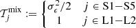 $$ \begin{aligned} \mathcal{T} _{j}^\mathrm{mix} := \left\{ \begin{matrix} \sigma _\epsilon ^2/2&j \in \mathrm{S}1{-}\mathrm{S}5 \\ 1&j \in \mathrm{L}1{-}\mathrm{L}2 \end{matrix} \right. \end{aligned} $$