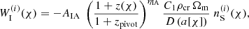 $$ \begin{aligned} W^{(i)}_{\rm I} (\chi ) = - A_{\rm IA}\; \left( \frac{1+z(\chi )}{1+z_{\rm pivot}} \right)^{\eta _{\rm IA}} \frac{C_1 \rho _{\rm cr}\, \Omega _{\rm m}}{D\left( a[\chi ] \right)}\; n^{(i)}_{\rm S}(\chi ), \end{aligned} $$