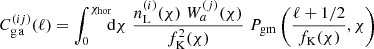 $$ \begin{aligned} C^{(ij)}_{\rm g\,a}(\ell ) = \int ^{\chi _{\rm hor}}_0 \!\!\! \mathrm{d}\chi \; \frac{n^{(i)}_{\rm L} (\chi )\; W^{(j)}_{a} (\chi )}{f^2_{\rm K}(\chi )}\; P_{\rm gm} \left( \frac{\ell +1/2}{f_{\rm K}(\chi )},\chi \right) \end{aligned} $$