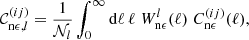 $$ \begin{aligned} \mathcal{C} ^{(ij)}_{\mathrm{n\epsilon },l} = \frac{1}{{\mathcal{N} }_l} \int _0^\infty \mathrm{d}\ell \, \ell \; W^l_{\rm n \epsilon }(\ell )\; C^{(ij)}_{\rm n\epsilon }(\ell ), \end{aligned} $$
