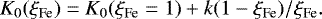 \begin{align*}K_0(\xi_{\textrm{Fe}}) = K_0(\xi_{\textrm{Fe}}=1) + k (1-\xi_{\textrm{Fe}})/\xi_{\textrm{Fe}}. \end{align*}
