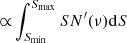 $ {\propto}\int_{S_{\rm min}}^{S_{\rm max}} S N^\prime(\nu) {\rm d}S $