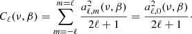 $$ \begin{aligned} C_\ell (\nu ,\beta ) = \sum _{m=-\ell }^{m=\ell } \frac{a_{\ell ,m}^2(\nu ,\beta )}{2\ell +1} = \frac{a_{\ell ,0}^2(\nu ,\beta )}{2\ell +1}\cdot \end{aligned} $$