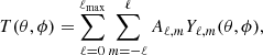 $$ \begin{aligned} T (\theta , \phi ) = \sum _{\ell =0}^{\ell _{\rm max}} \sum _{m=-\ell }^{\ell } A_{\ell ,m} Y_{\ell ,m}(\theta , \phi ), \end{aligned} $$