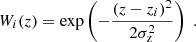 $$ \begin{aligned} W_i(z) = \exp \left(-\frac{(z- z_i)^2}{2\sigma _{\rm z}^2}\right) \; . \end{aligned} $$