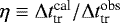 $\eta \equiv \Delta t_{\textrm{tr}}^{\textrm{cal}}/\Delta t_{\textrm{tr}}^{\textrm{obs}}$