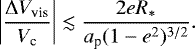 \begin{equation*} \left | \frac{\Delta V_{\textrm{vis}}}{V_{\textrm{c}}} \right | \lesssim \frac{2 e R_{*}}{a_{\textrm{p}}(1-e^{2})^{3/2}}.\end{equation*}
