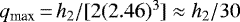 $q_{\textrm{max}}\,{=}\,h_{2}/[2 (2.46)^{3}]\approx h_{2}/30$