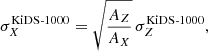 $$ \begin{aligned} \sigma _{X}^\mathrm{KiDS\text{-}1000} = \sqrt{\frac{A_Z}{A_X}}\, \sigma _Z^\mathrm{KiDS\text{-}1000}, \end{aligned} $$