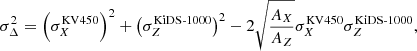 $$ \begin{aligned} \sigma _\Delta ^2 = \left(\sigma _X^\mathrm{KV450}\right)^2 + \left(\sigma _Z^\mathrm{KiDS\text{-}1000}\right)^2 - 2\sqrt{\frac{A_X}{A_Z}}\sigma _X^\mathrm{KV450}\sigma _Z^\mathrm{KiDS\text{-}1000}, \end{aligned} $$