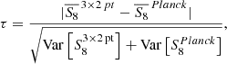 $$ \begin{aligned} \tau = \frac{|\overline{S_{8}}^{\,\mathrm 3\times 2\,pt}-\overline{S_{8}}^{\,Planck}|}{\sqrt{\mathrm{Var} \left[S_{8}^\mathrm{3\times 2\,pt}\right] + \mathrm{Var}\left[S_{8}^{Planck}\right]}}, \end{aligned} $$