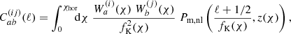 $$ \begin{aligned} C^{(ij)}_{ab}(\ell ) = \int ^{\chi _{\rm hor}}_0 \!\!\! \mathrm{d} \chi \; \frac{W^{(i)}_{a} (\chi )\; W^{(j)}_{b} (\chi )}{f^2_{\rm K}(\chi )}\; P_{\rm m, nl} \left({\frac{\ell +1/2}{f_{\rm K}(\chi )},z(\chi )}\right), \end{aligned} $$