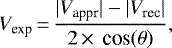 \begin{equation*} {V}_{\textrm{exp}}\,{=}\,\frac{|{V}_{\textrm{appr}}| - |{V}_{\textrm{rec}}|}{2 \,{\times}\,\ \textrm{cos}(\theta)},\end{equation*}