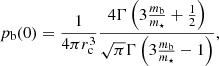 $$ \begin{aligned} p_{\rm b}(0) = \frac{1}{4\pi r_{\rm c}^3} \frac{4\Gamma \left(3\frac{m_{\rm b}}{m_\star } + \frac{1}{2} \right)}{\sqrt{\pi }\Gamma \left(3\frac{m_{\rm b}}{m_\star } - 1 \right)}, \end{aligned} $$