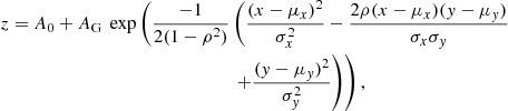 $$ \begin{aligned}&z = A_{0} + A_{\rm G}~\exp \left( \frac{-1}{2(1-\rho ^{2})} \left( \frac{(x-\mu _x)^2}{\sigma _{x}^{2}} - \frac{2\rho (x-\mu _x)({ y}-\mu _{ y})}{\sigma _{x}\sigma _{{ y}}} \right. \right.\nonumber \\&\qquad \qquad \qquad \qquad \qquad \qquad \qquad \qquad \left.\left.+\frac{({ y}-\mu _{ y})^2}{\sigma _{{ y}}^{2}} \right) \right), \end{aligned} $$