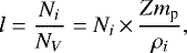 \begin{equation*} l = \frac{N_i}{N_V} = {N_i}\,{\times}\,{\frac{Z m_{\textrm{p}}}{\rho_i}},\end{equation*}