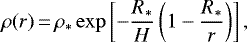 \begin{equation*}\rho(r)\,{=}\,\rho_{\ast} \exp\left[-\frac{R_{\ast}}{H}\left(1 - \frac{R_{\ast}}{r}\right)\right], \end{equation*}