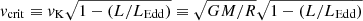 $ \mathit{v}_{\mathrm{crit}} \equiv \mathit{v}_{\mathrm{K}} \sqrt{1-(L/L_{\mathrm{Edd}})} \equiv \sqrt{ GM/R }\sqrt{1-(L/L_{\mathrm{Edd}})} $