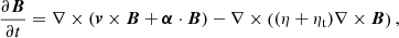 $$ \begin{aligned} \frac{\partial {\boldsymbol{B}}}{\partial t} = \nabla \times ({\boldsymbol{v}} \times {\boldsymbol{B}} + {\boldsymbol{\alpha }} \cdot {\boldsymbol{B}}) - \nabla \times \left( (\eta +\eta _{\rm t}) \nabla \times {\boldsymbol{B}} \right), \end{aligned} $$
