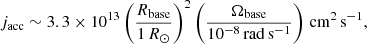 $$ \begin{aligned} j_{\rm acc} \sim 3.3 \times 10^{13} \left( \frac{R_{\rm base}}{1\, R_\odot } \right)^2 \left( \frac{\Omega _{\rm base}}{10^{-8}\, \mathrm{rad} \,\mathrm{s}^{-1} } \right)\,\mathrm{cm}^2 \,\mathrm{s}^{-1}, \end{aligned} $$