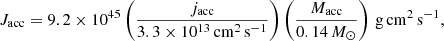 $$ \begin{aligned} J_{\rm acc} = 9.2 \times 10^{45} \left( \frac{j_{\rm acc}}{ 3.3 \times 10^{13}\,\mathrm{cm}^2\,\mathrm{s}^{-1} } \right) \left( \frac{M_{\rm acc}}{ 0.14\,M_\odot } \right)\,\mathrm{g}\,\mathrm{cm}^2\,\mathrm{s}^{-1}, \end{aligned} $$