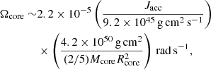 $$ \begin{aligned} \Omega _{\rm core} \sim &2.2 \times 10^{-5} \left( \frac{J_{\rm acc}}{ 9.2 \times 10^{45}\,\mathrm{g}\,\mathrm{cm}^2\,\mathrm{s}^{-1} } \right)\\&\times \left( \frac{ 4.2 \times 10^{50}\,\mathrm{g}\,\mathrm{cm}^2 }{(2/5)M_{\rm core}R_{\rm core}^2} \right)\,\mathrm{rad}\, \mathrm{s}^{-1}, \end{aligned} $$