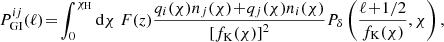$$ \begin{aligned} P^{ij}_{\rm GI}(\ell )\! =\! \int _{0}^{\chi _{\rm H}}\mathrm{d}\chi \ F(z)\frac{q_i(\chi )n_j(\chi )\!+\!q_j(\chi )n_i(\chi )}{\left[f_{\rm K}(\chi )\right]^2}P_{\delta }\left(\frac{\ell \!+\!1/2}{f_{\rm K}(\chi )}, \chi \right), \end{aligned} $$