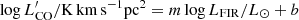$ \log L^{\prime}_{\mathrm{CO}}/\mathrm{K\, km\, s}^{-1} \mathrm{pc}^{2} = m \log L_{\mathrm{FIR}}/L_{\odot} + b $