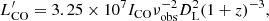 $$ \begin{aligned} L^\prime_{\mathrm{CO}} = 3.25 \times 10^7 I_{\mathrm{CO}} \nu _{\mathrm{obs}}^{-2} D_{\mathrm{L}}^2 (1+z)^{-3}, \end{aligned} $$