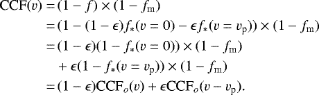 \begin{align*} \textrm{CCF}(v)=&\,(1-f)\times (1-f_{\textrm{m}})\nonumber\\ =&\,(1-(1-\epsilon)f_*(v=0)-\epsilon f_*(v=v_{\textrm{p}}))\times (1-f_{\textrm{m}})\nonumber\\ =&\,(1-\epsilon)(1-f_*(v=0))\times (1-f_{\textrm{m}})\nonumber\\ &+\epsilon(1-f_*(v=v_{\textrm{p}}))\times (1-f_{\textrm{m}})\nonumber\\ =&\,(1-\epsilon)\textrm{CCF}_o(v)+\epsilon {\textrm{CCF}}_o(v-v_{\textrm{p}}).\end{align*}