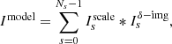 $$ \begin{aligned} I^\mathrm{model} = \sum _{s = 0} ^ {N_ {s} -1} I_ {s} ^ \mathrm{scale} * I_ {s} ^ {\delta -\mathrm{img}}, \end{aligned} $$