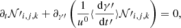 $$ \begin{aligned} \partial _t \mathcal{N} \prime _{i,j,k} + \partial _{\gamma \prime } \left( \frac{1}{u^0} \langle \frac{\,{\mathrm{d} }\gamma \prime }{\,{\mathrm{d} }t\prime } \rangle {\mathcal{N} \prime }_{i,j,k} \right) = 0, \end{aligned} $$