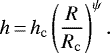 \begin{align*} h\,{=}\,h_{\mathrm{c}} \left (\frac{R}{R_{\mathrm{c}}} \right)^{\psi}. \end{align*}