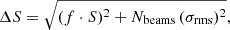 $$ \begin{aligned} \Delta S = \sqrt{(f \cdot S)^{2}+{N}_{\rm beams}\,(\sigma _{\rm rms})^{2}}, \end{aligned} $$