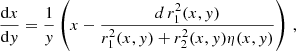 $$ \begin{aligned} \frac{\mathrm{d}x}{\mathrm{d}{ y}}=\frac{1}{{ y}}\left(x-\frac{d\,r^2_1(x,{ y})}{r^2_1(x,{ y})+r^2_2(x,{ y})\eta (x,{ y})}\right)\,, \end{aligned} $$