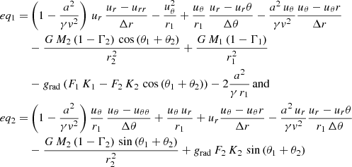 $$ \begin{aligned} \begin{split} eq_1=&\left(1-\frac{a^2}{\gamma { v}^2}\right)\,u_{r}\,\frac{u_{r}-u_{rr}}{\Delta r} - \frac{u_{\theta }^2}{r_1} + \frac{u_{\theta }}{r_1}\,\frac{u_{r}-u_{r} \theta }{\Delta \theta } - \frac{a^2\,u_{\theta }}{\gamma { v}^2}\frac{u_{\theta }-u_\theta {r}}{\Delta r}\\&- \frac{G\,M_2\,(1-\Gamma _2)\,\cos {(\theta _1+\theta _2)}}{r_2^2} + \frac{G\,M_1\,(1-\Gamma _1)}{r_1^2} \\&- g_\mathrm{rad} \,(F_1\,K_1-F_2\,K_2\,\cos {(\theta _1+\theta _2)}) - 2\frac{a^2}{\gamma \,r_1}\,\mathrm{and} \\ eq_2=&\left(1-\frac{a^2}{\gamma { v}^2}\right)\frac{u_{\theta }}{r_1}\,\frac{u_{\theta }- u_{\theta \theta }}{\Delta \theta } + \frac{u_{\theta }\,u_{r}}{r_1} + u_{r}\frac{u_{\theta }- u_\theta {r}}{\Delta r} - \frac{a^2\,u_{r}}{\gamma { v}^2}\frac{u_{r}-u_{r} \theta }{r_1\,\Delta \theta } \\&- \frac{G\,M_2\,(1-\Gamma _2)\,\sin {(\theta _1+\theta _2)}}{r_2^2}+ g_\mathrm{rad} \,F_2\,K_2\,\sin {(\theta _1+\theta _2)} \end{split} \end{aligned} $$