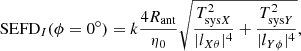 $$ \begin{aligned} \text{ SEFD}_{I}(\phi =0^{\circ }) = k\frac{4 R_{\rm ant}}{\eta _0}\sqrt{\frac{T_{\mathrm{sys}X}^2}{|l_{X\theta }|^4}+\frac{T_{\mathrm{sys}Y}^2}{|l_{Y\phi }|^4}}, \end{aligned} $$