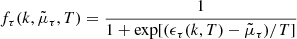 $$ \begin{aligned} f_\tau (k,\tilde{\mu }_\tau ,T)=\frac{1}{1+\mathrm{exp}[(\epsilon _\tau (k,T)-\tilde{\mu }_\tau )/T]} \end{aligned} $$